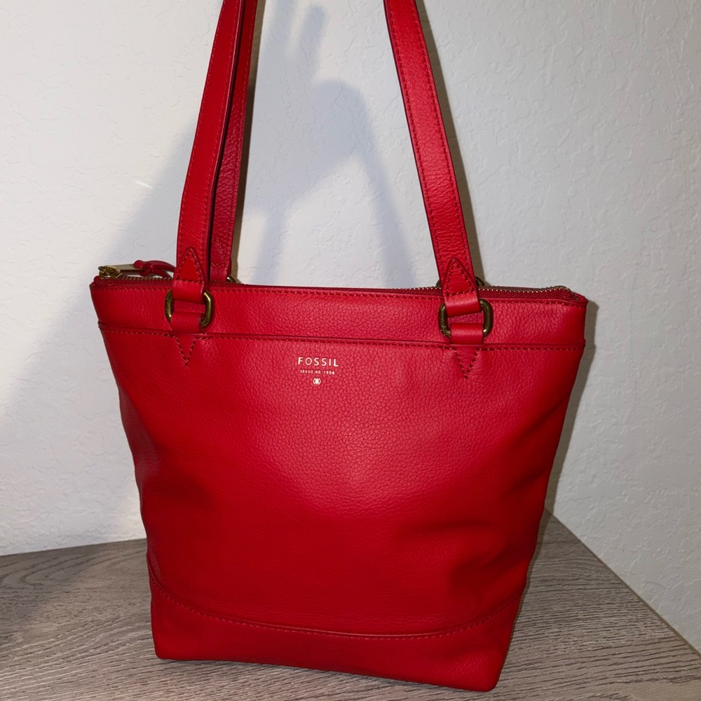 Fossil Bright Red Leather Tote with Gold Hardware